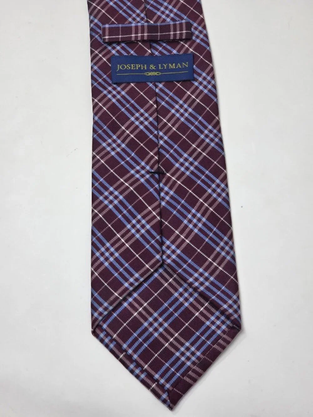Joseph And Lyman Mens 100% Silk Tie 58 Inch Burgundy Blue Plaid Pattern